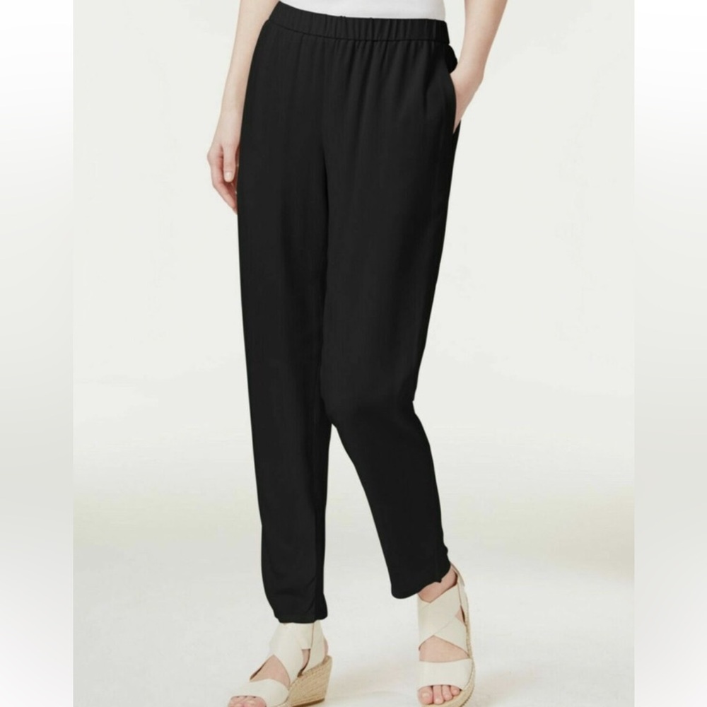 EILEEN‎ FISHER Slouchy Black Silk Georgette  Tapered Leg Pull On Pants Sz S